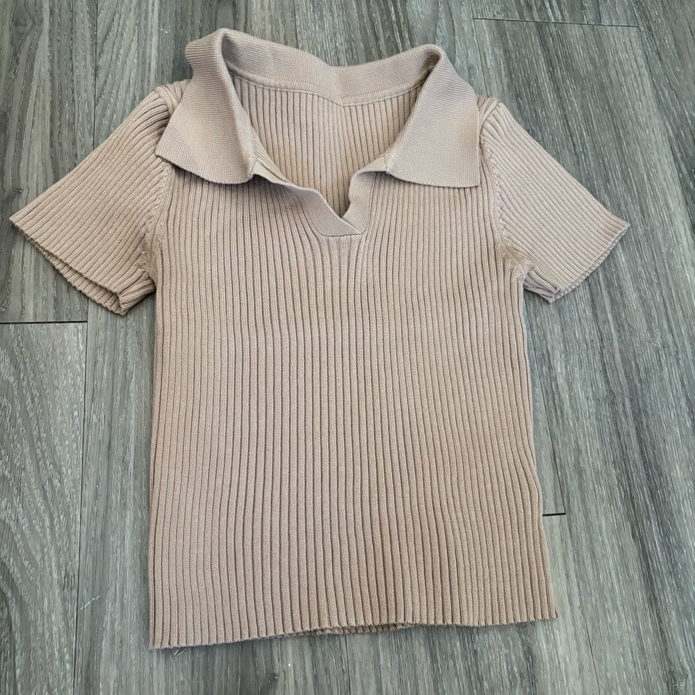 SHEIN Ribbed Collared Short Sleeve Knit Top - Taupe